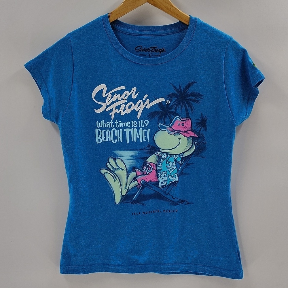 Senor Frog's Fitted T Shirt Size L Blue Graphic Tee Mexico Beach Time